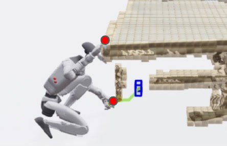 The retargeted humanoid kneels under the reconstructed table, keeping the same two contacts.